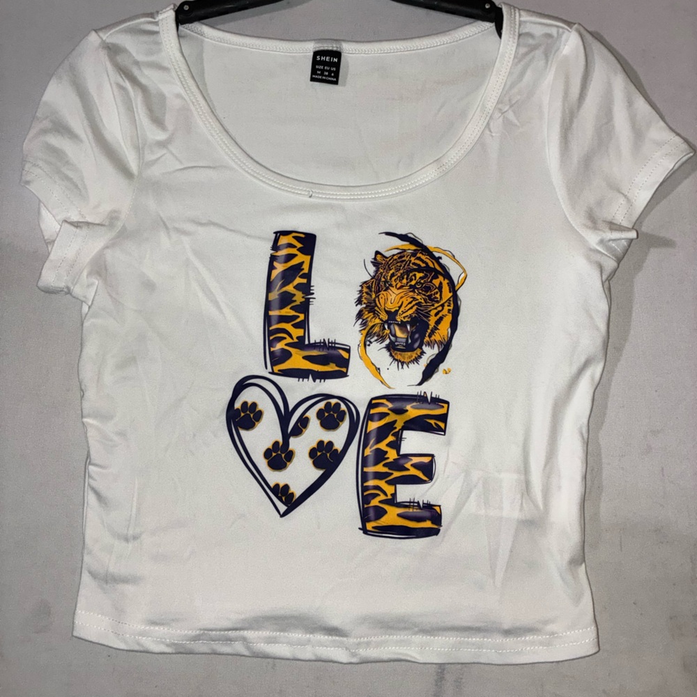 White Tee with Tiger and Love Graphic